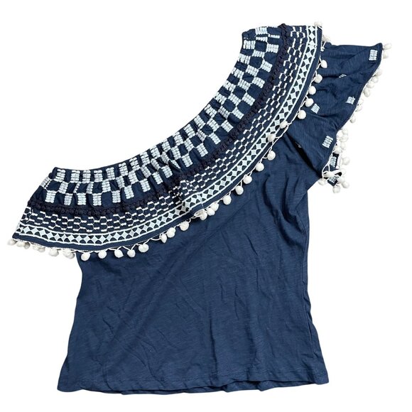Anthropologie Tops - By Anthropologie Pom-Tassel One-Shoulder Top Women's Size Large Blue Cotton NEW